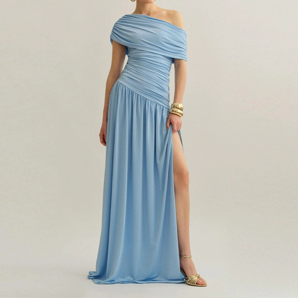 Forever 21 Elegant Light Blue One Shoulder Pleated Slit Dress